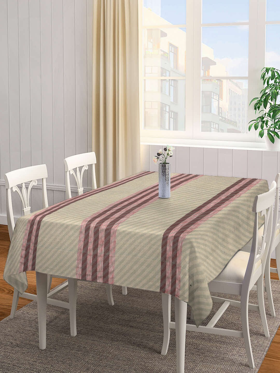 Arrabi Grey & Red Striped 6-Seater Cotton Table Covers