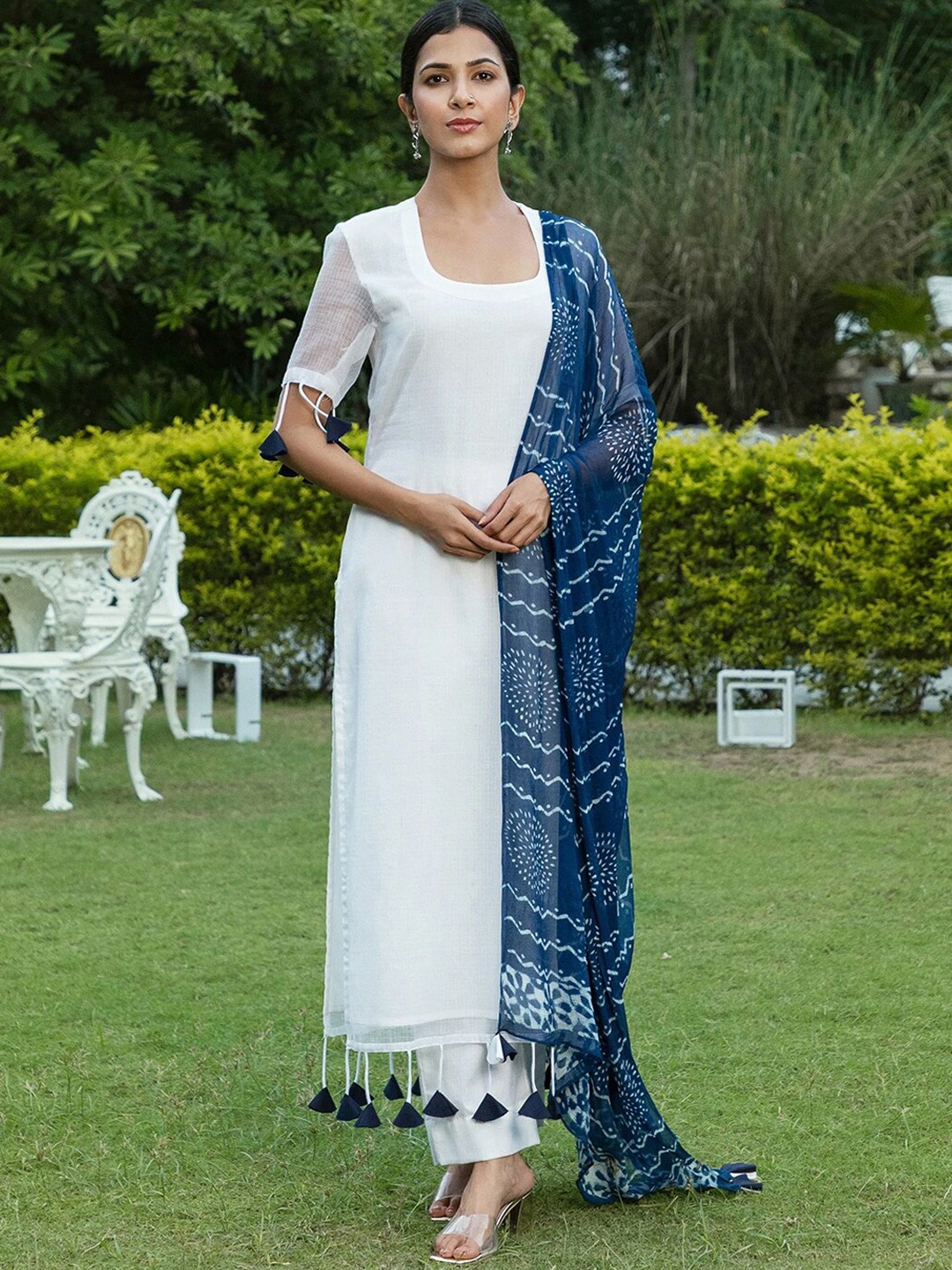 Ambraee Women Gotta Patti Pure Cotton Kurta with Trousers & Dupatta, White