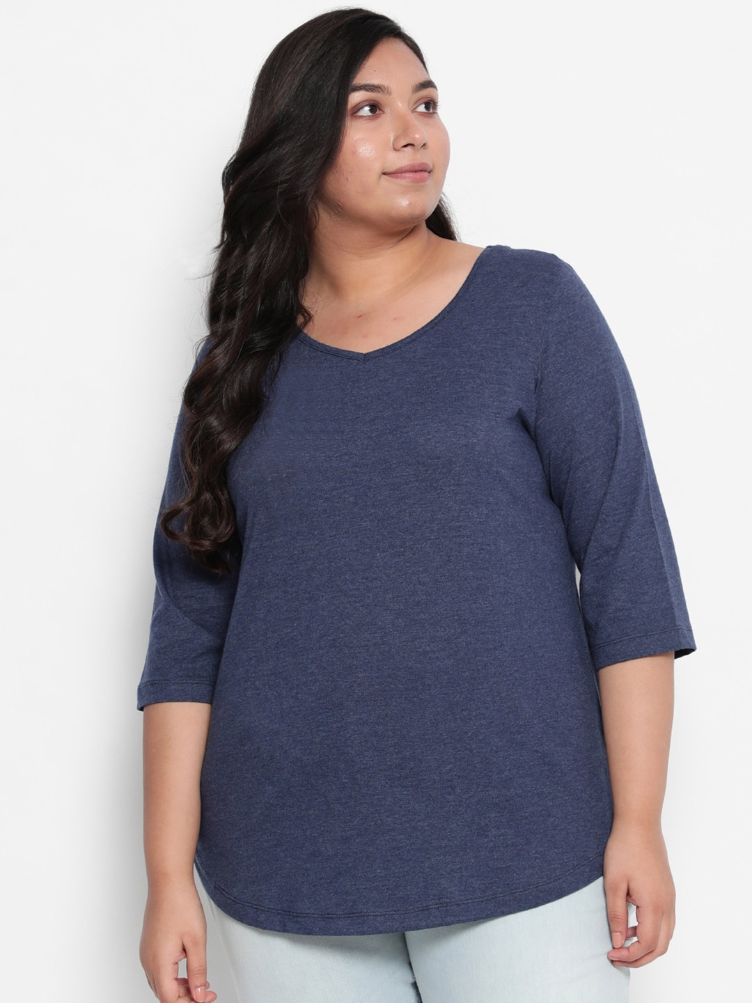 Amydus Women Plus Size Blue V-Neck T-shirt