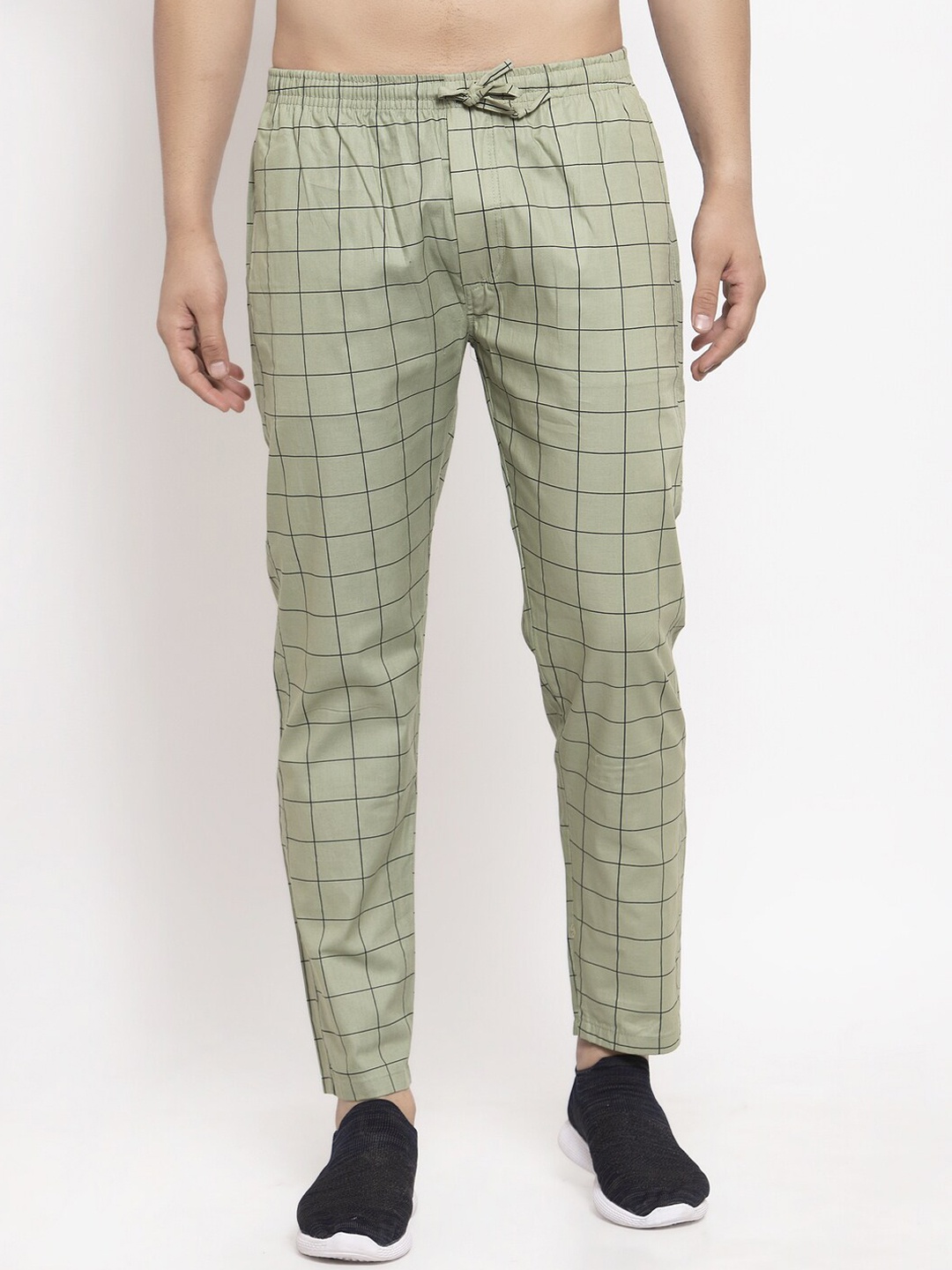 JAINISH Men Olive Green Checked Cotton Track Pants
