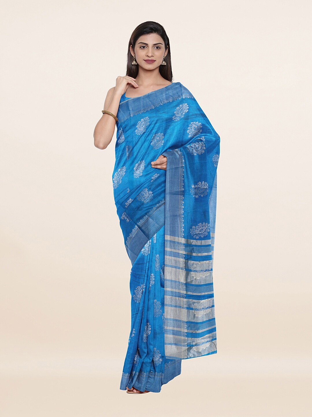Pothys Blue & Silver-Toned Ethnic Motifs Zari Jute Silk Saree