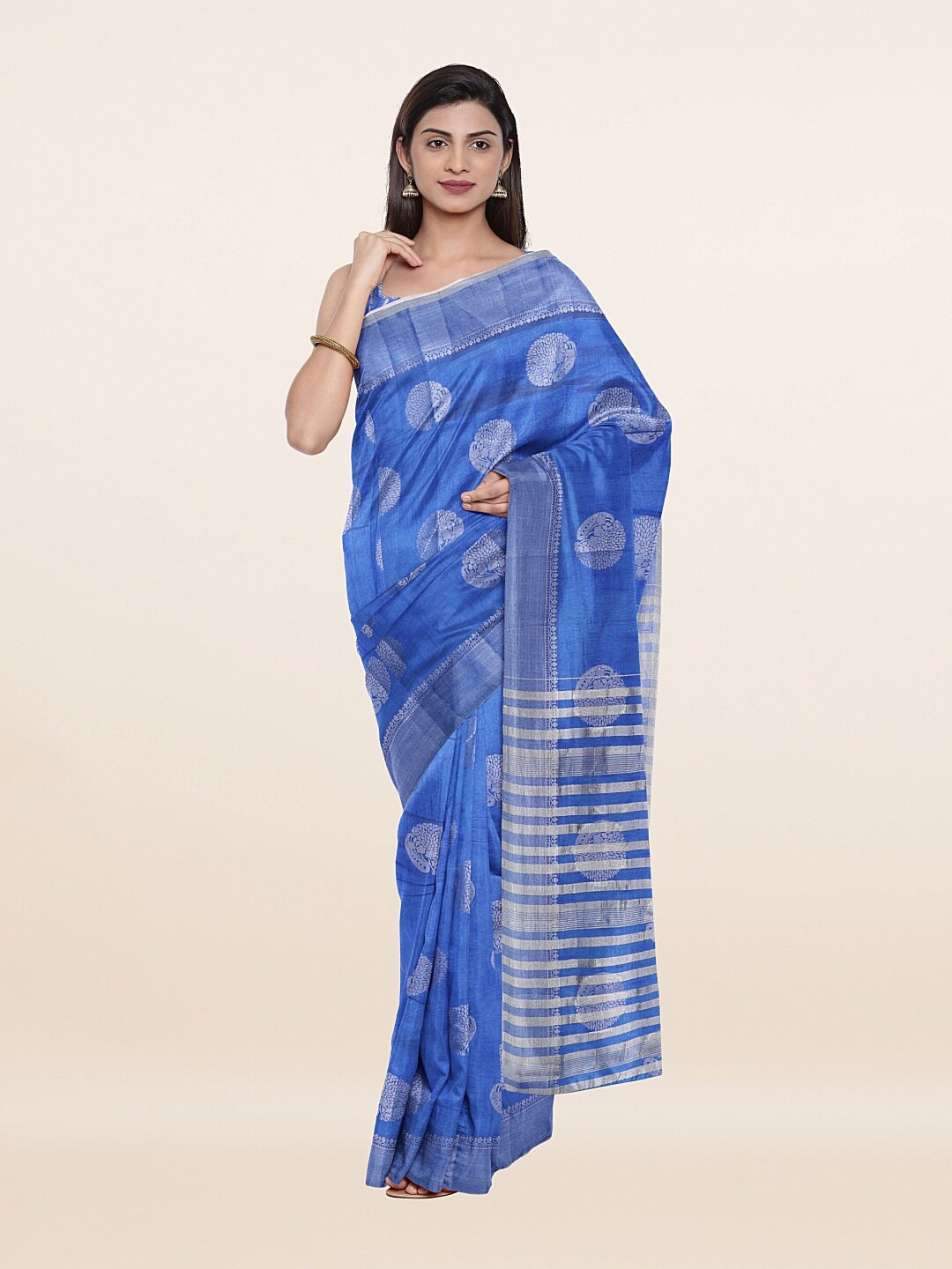 Pothys Blue & Silver-Coloured Ethnic Motifs Jute Silk Saree