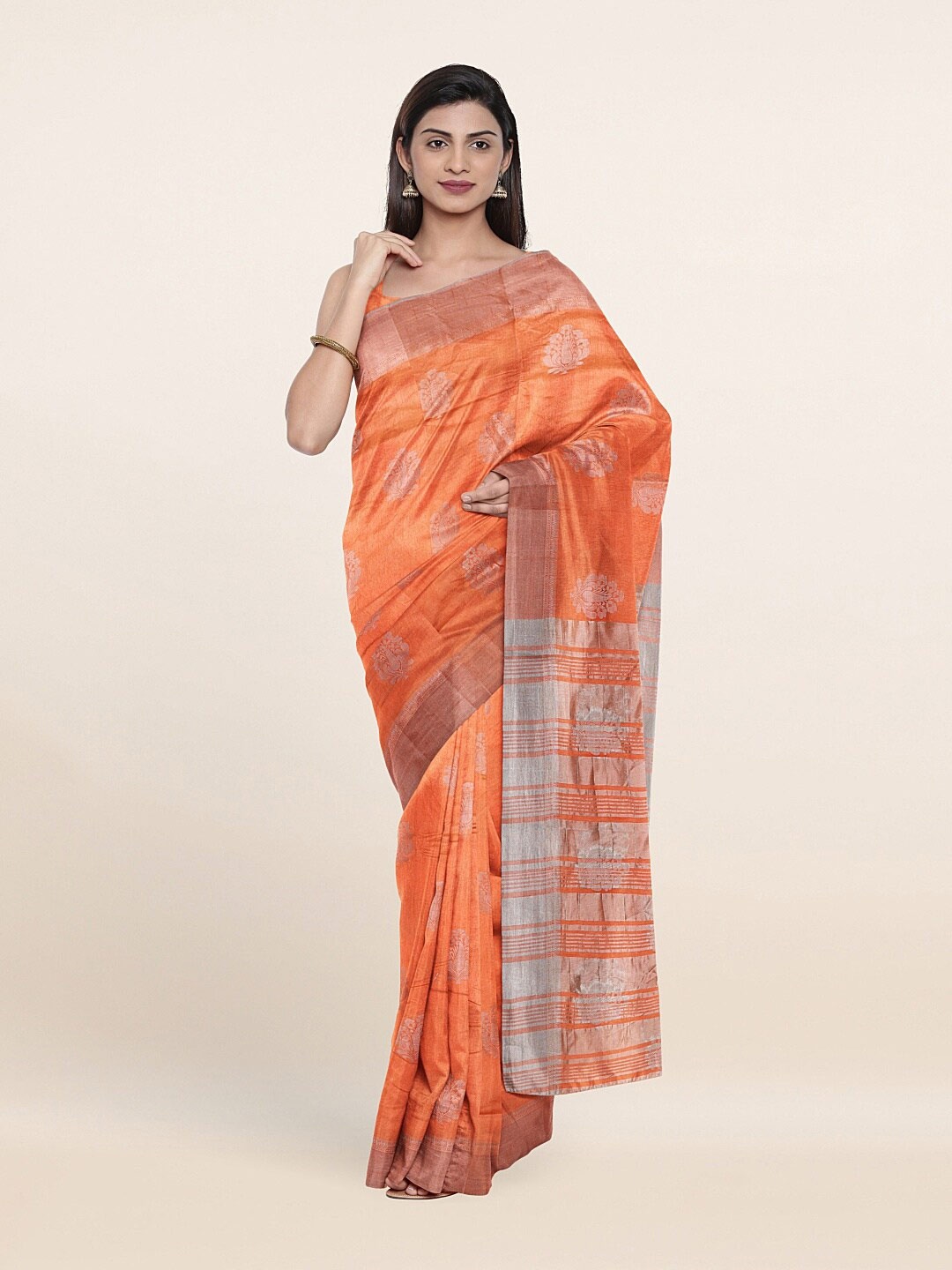 Pothys Peach-Coloured & Silver-Toned Woven Design Zari Jute Silk Saree