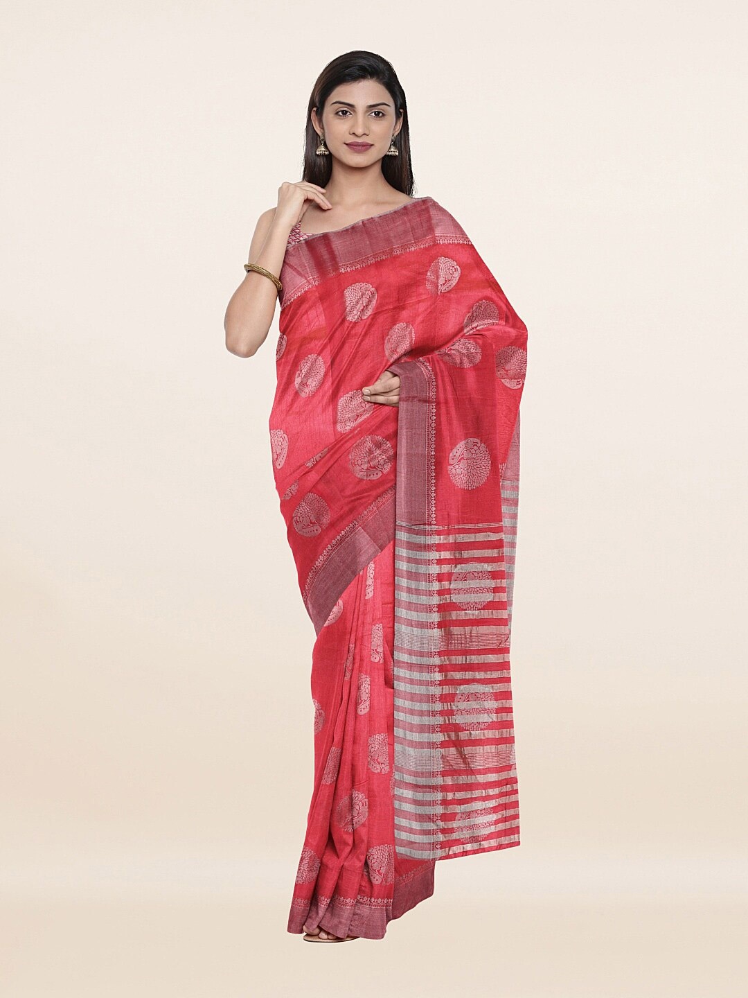 Pothys Pink & Silver-Toned Woven Design Zari Jute Silk Saree