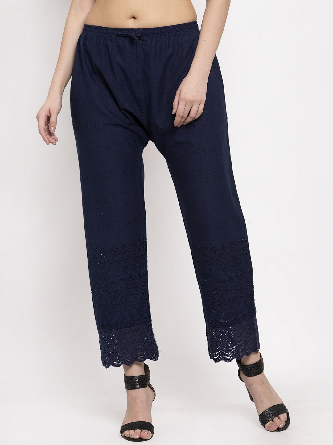 Miaz Lifestyle Women Navy Blue Embroidered Straight Handloom Palazzos