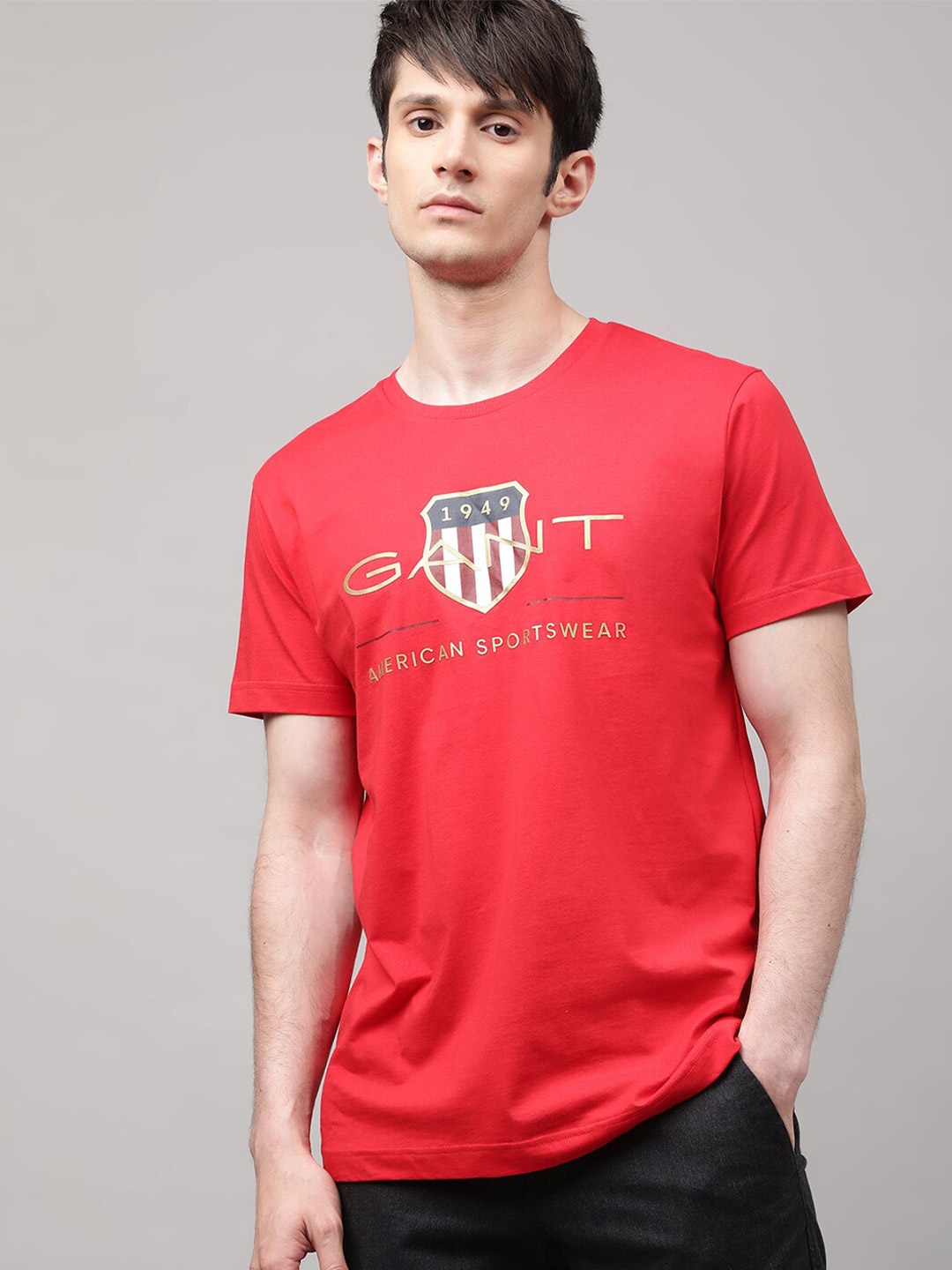 GANT Men Red Typography Printed Organic Cotton Applique T-shirt