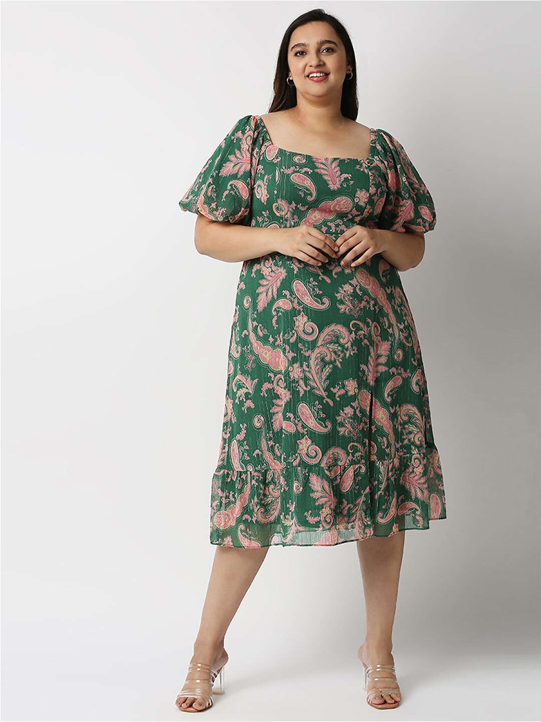 20Dresses Plus Size Green Floral Chiffon Midi Dress