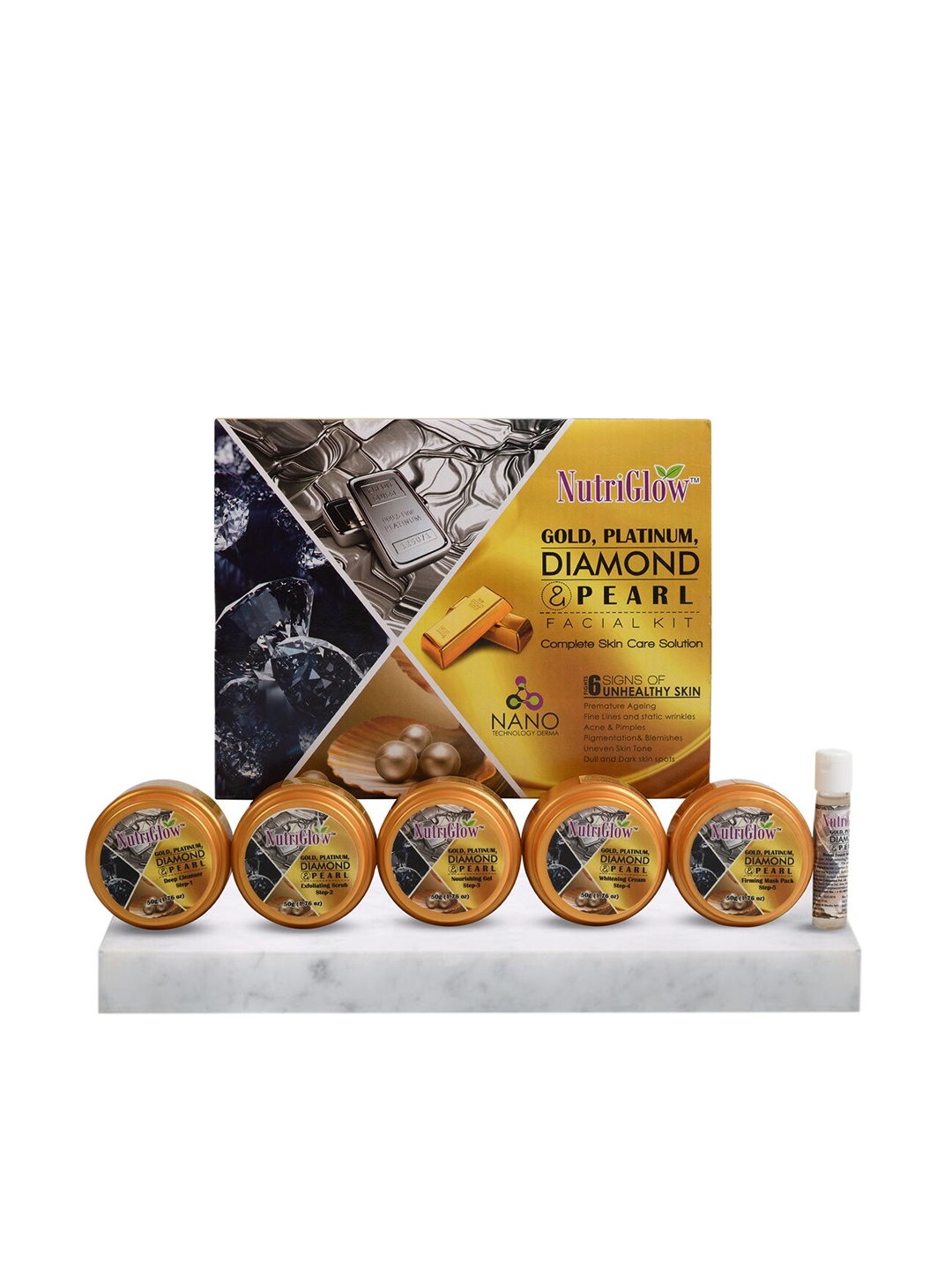 NutriGlow Sustainable Sustainable 6-Pieces of Platinum Diamond Gold and Pearl Facial kit, 250g+10ml, Multi
NutriGlow Sustainable Sustainable 6-Pieces of Platinum Diamond Gold and Pearl Facial kit, 250g+10ml, Multi
