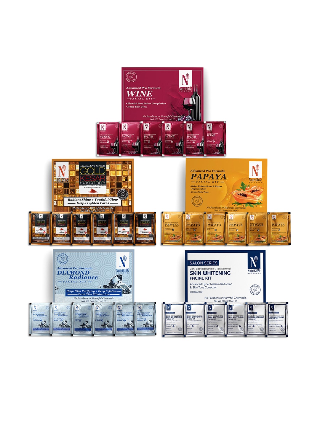 NutriGlow Naturals Sustainable 5 Diamond Radiance-Gold Kesar & Wine Facial Kit - 60 g Each, Multi
NutriGlow Naturals Sustainable 5 Diamond Radiance-Gold Kesar & Wine Facial Kit - 60 g Each, Multi