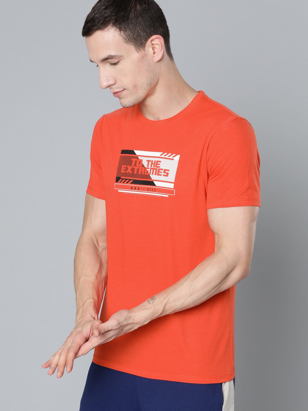 HRX By Hrithik Roshan Lifestyle Men Oxy Fire Bio-Wash Brand Carrier T-shirt, Rust