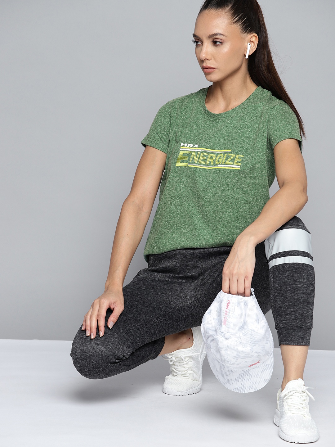 HRX By Hrithik Roshan Lifestyle Women Green Bio-Wash Brand Carrier T-shirts