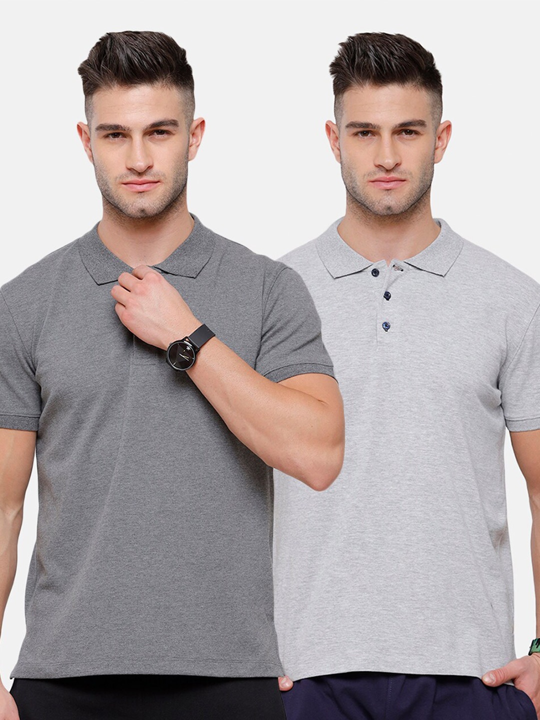 MADSTO Men Grey (Set of 2) Polo Collar Slim Fit T-shirt