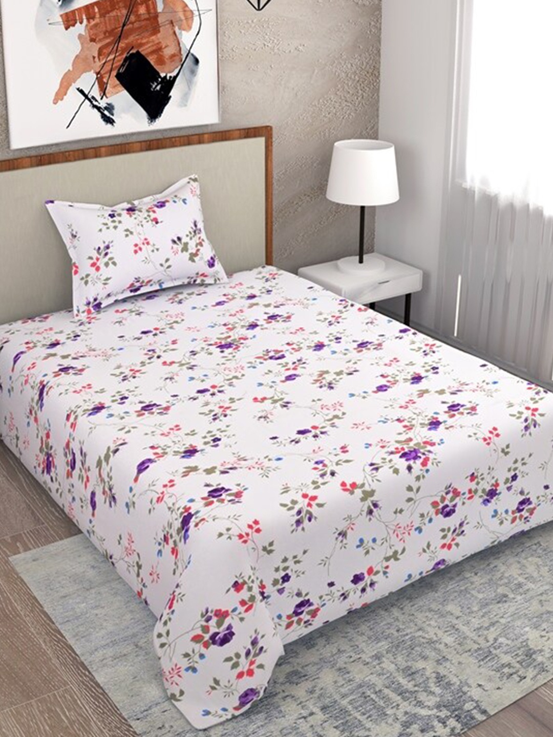 Salona Bichona White & Purple Floral 104 TC Single Bedsheet with 1 Pillow Cover