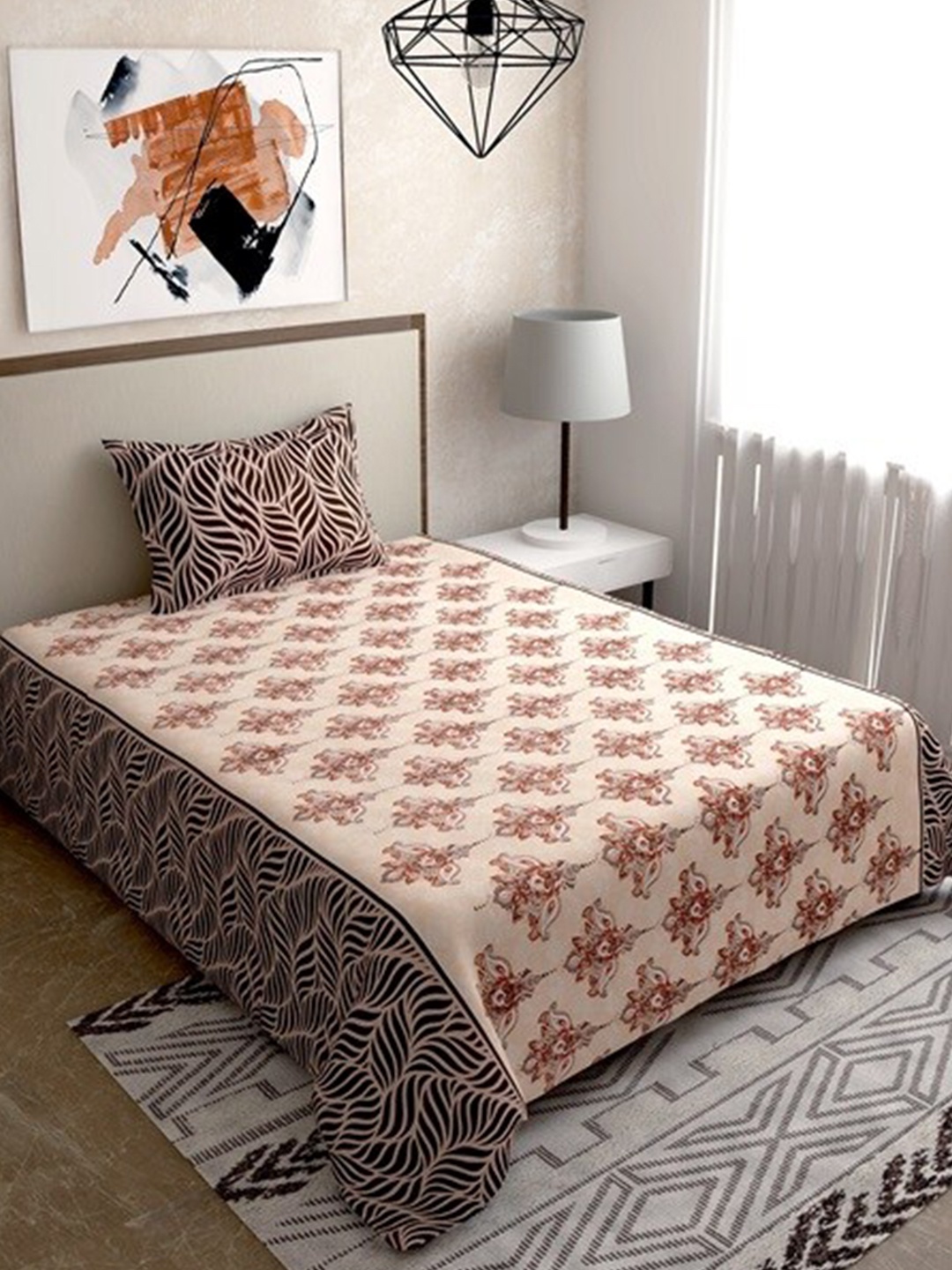 Salona Bichona Brown & Beige Floral 120 TC Single Bedsheet with 1 Pillow Covers