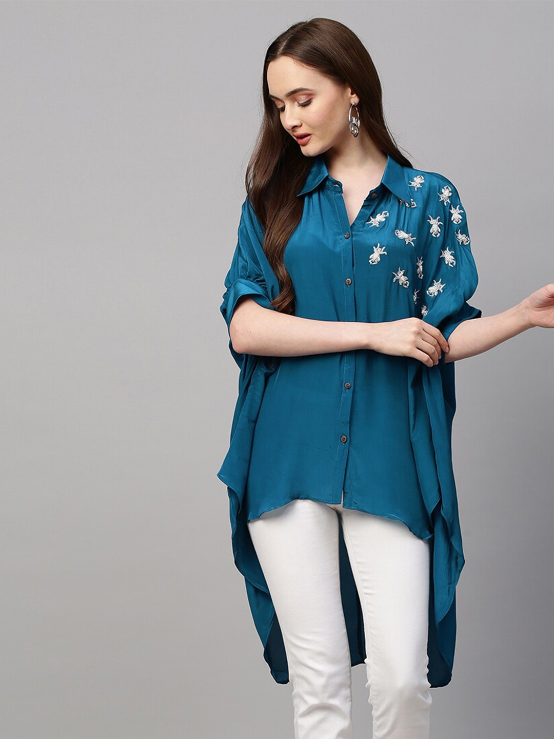FASHOR Blue Ethnic Motifs Embroidered Shirt Collar Zardozi Empire Kurti