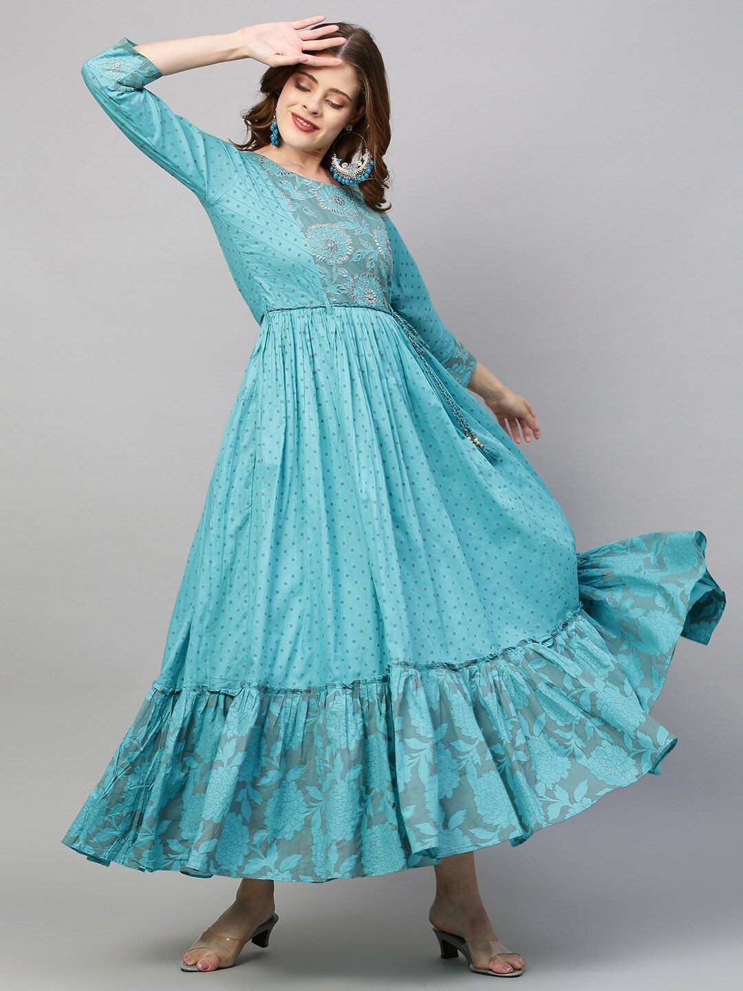 FASHOR Turquoise Blue Floral Embroidered Ethnic Maxi Dress