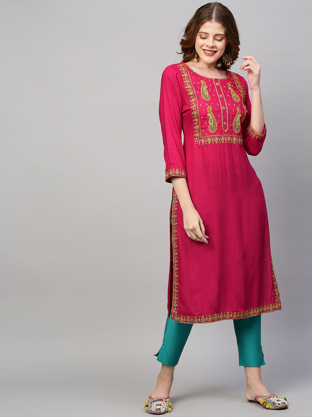 FASHOR Women Pink& Green Ethnic Motifs Yoke Design Straight Kurta