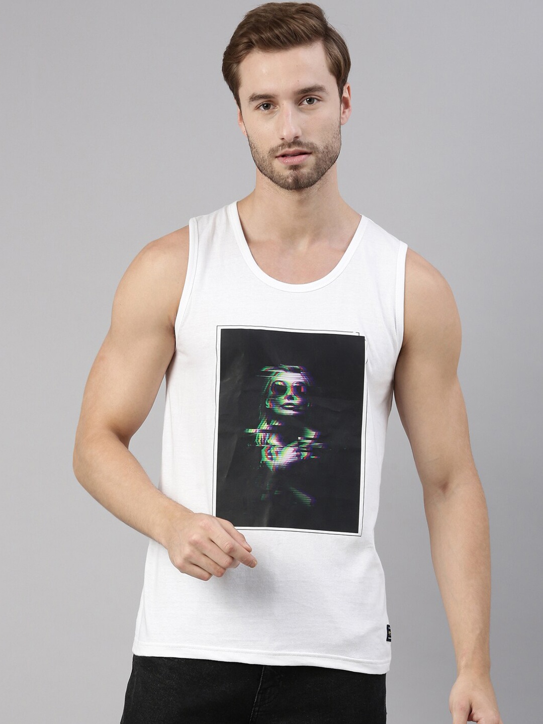 Joven Men White & Black Printed Cotton Tank Vest JTV-WH