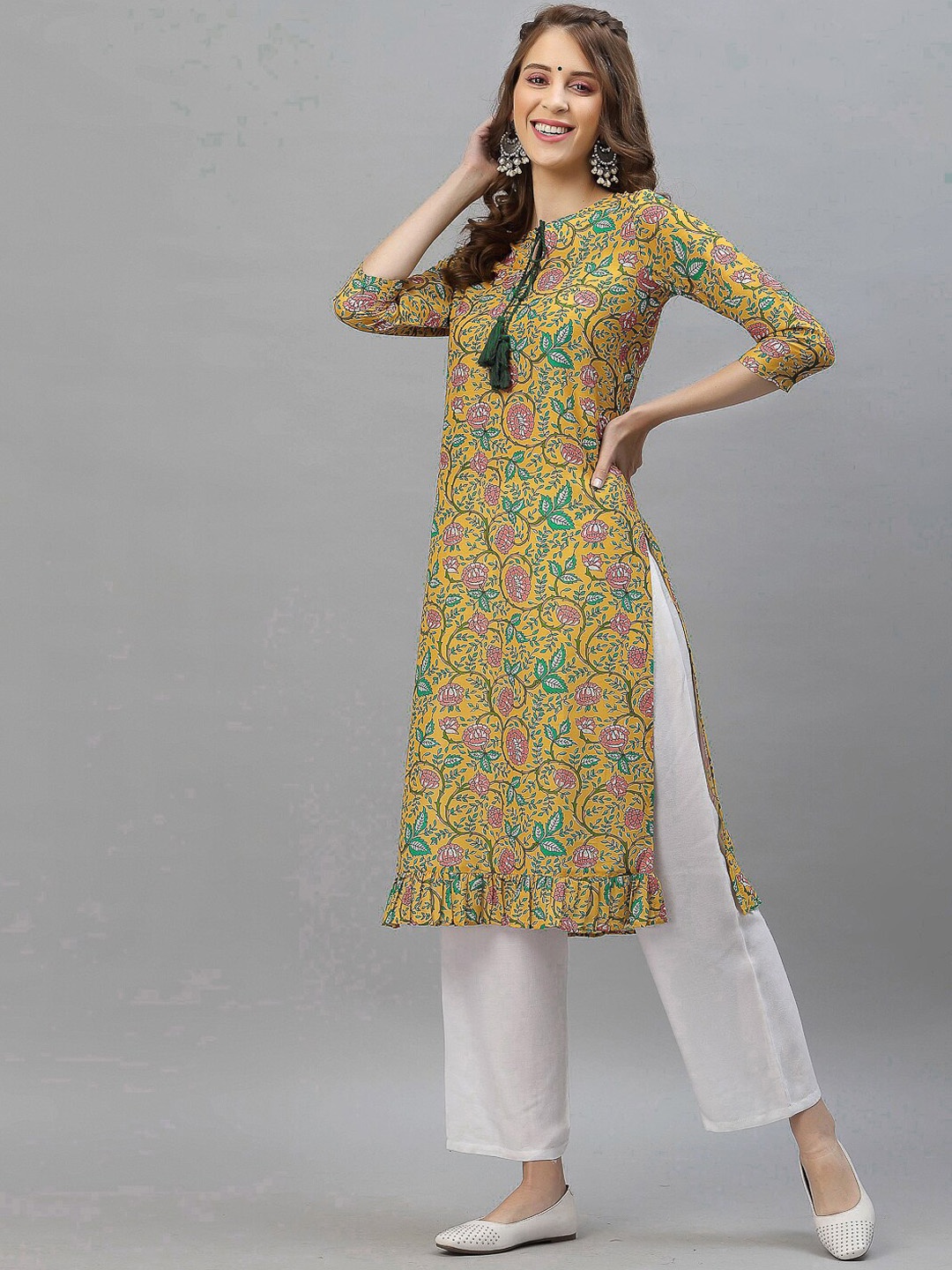 SANISA Women Mustard Yellow & Green Floral Printed Summer Sheers Kurta