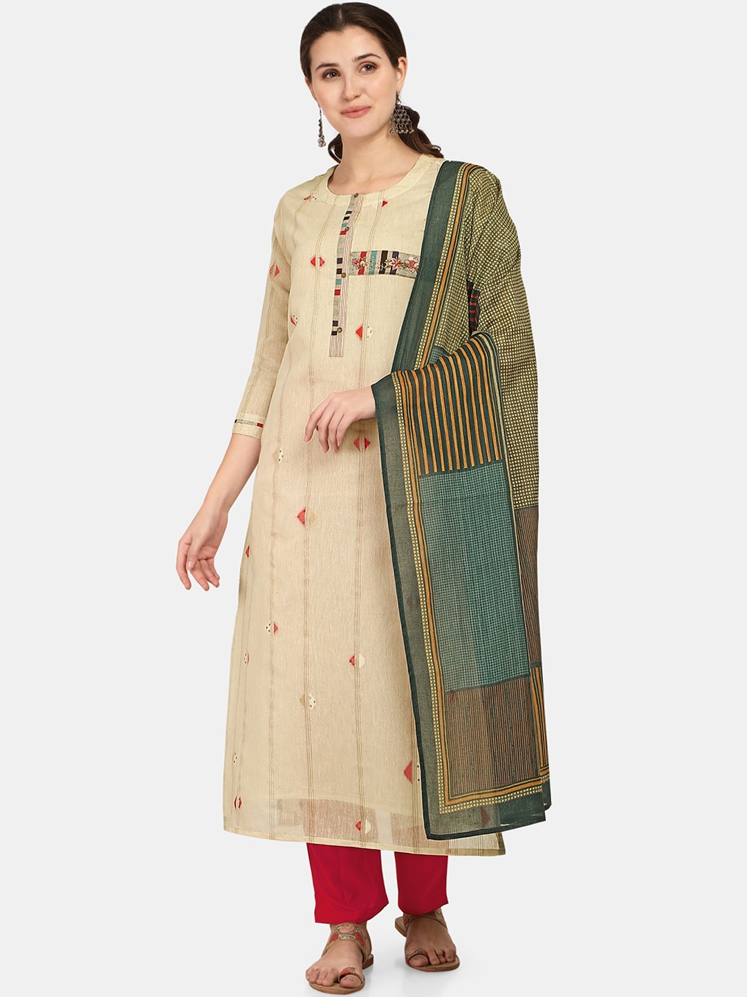 Jansi Women Cream-Coloured Geometric Printed Linen Kurta Set