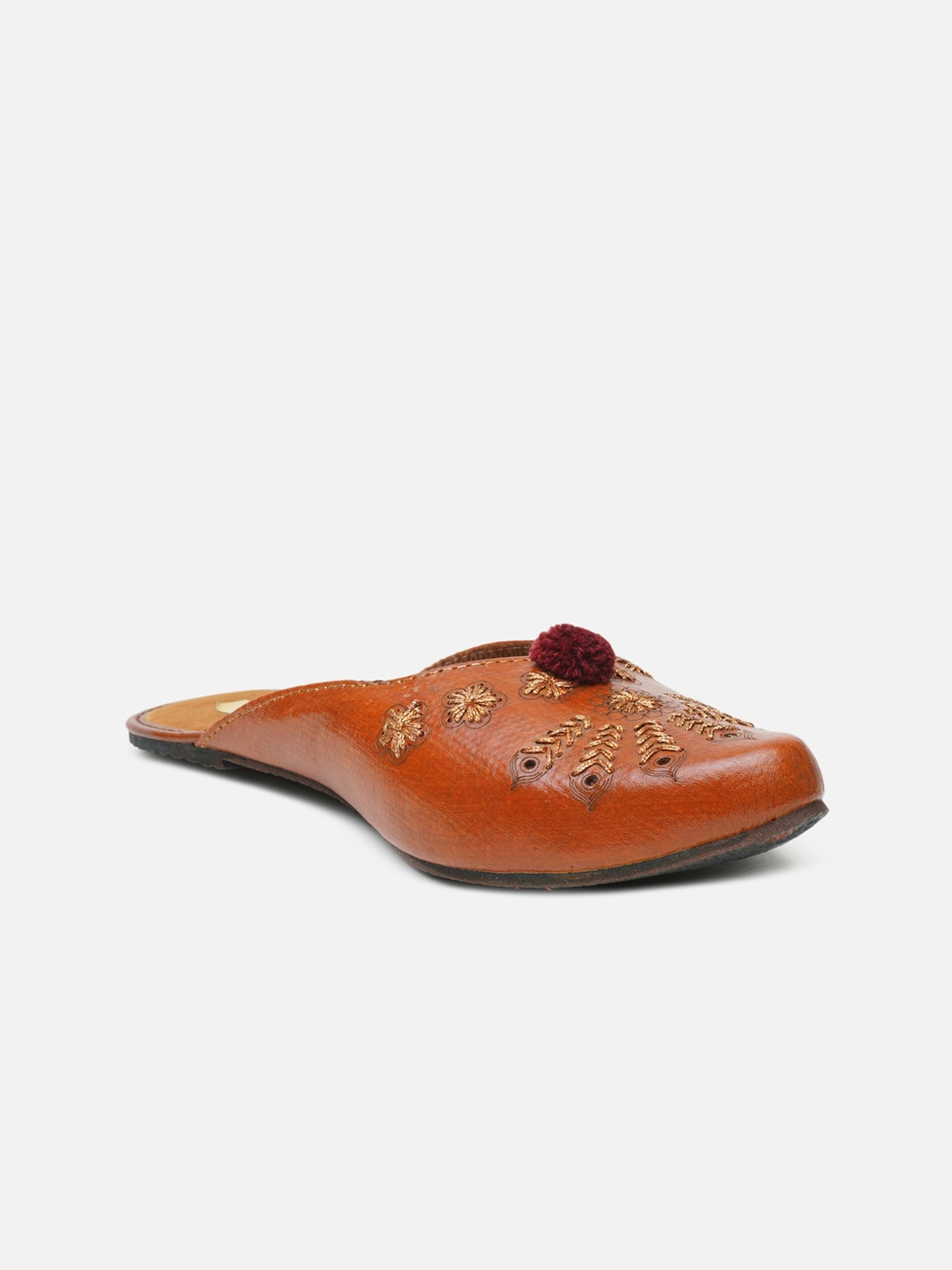 Ta Chic Women Tan Colourblocked Leather Ethnic Mojaris with Bows Flats