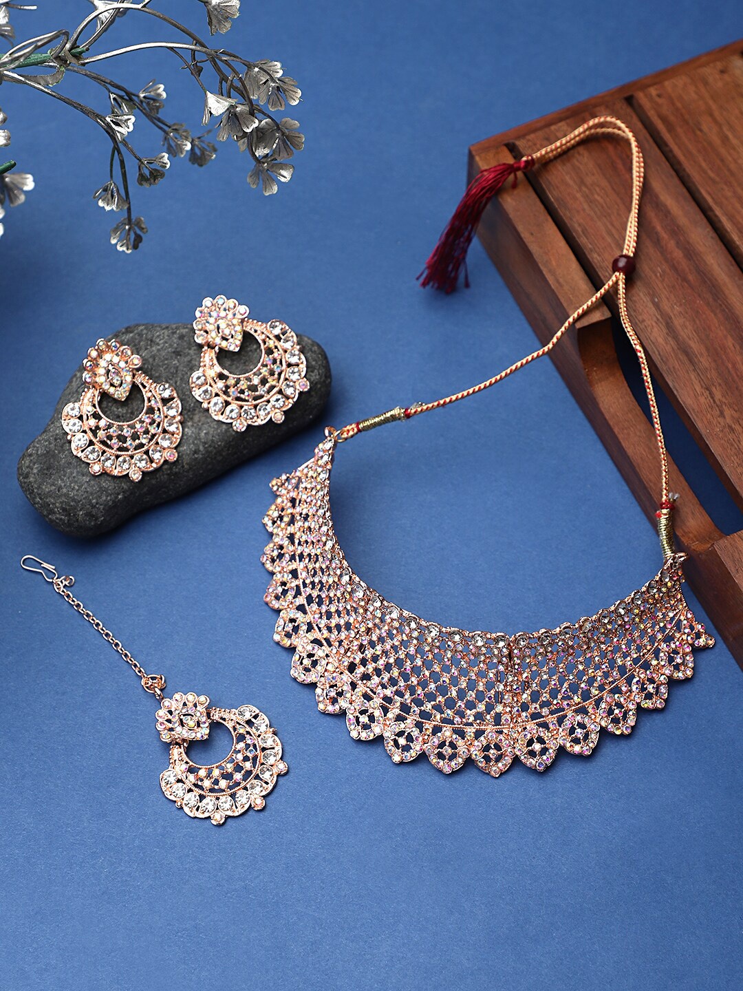 STEORRA JEWELS Rose Gold Plated & White Studded Necklace Set