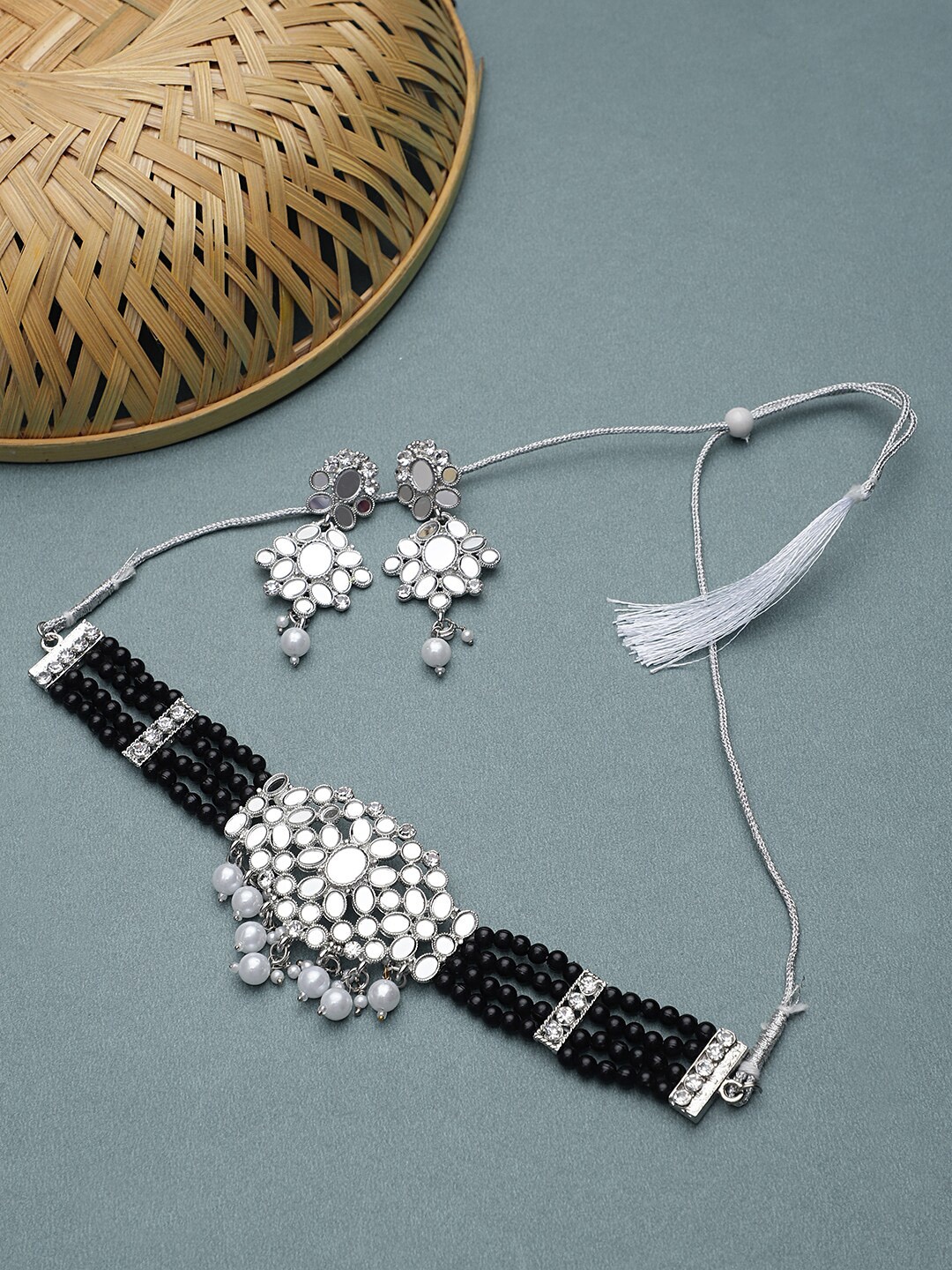 STEORRA JEWELS Black & Silver-Toned Choker Necklace Set