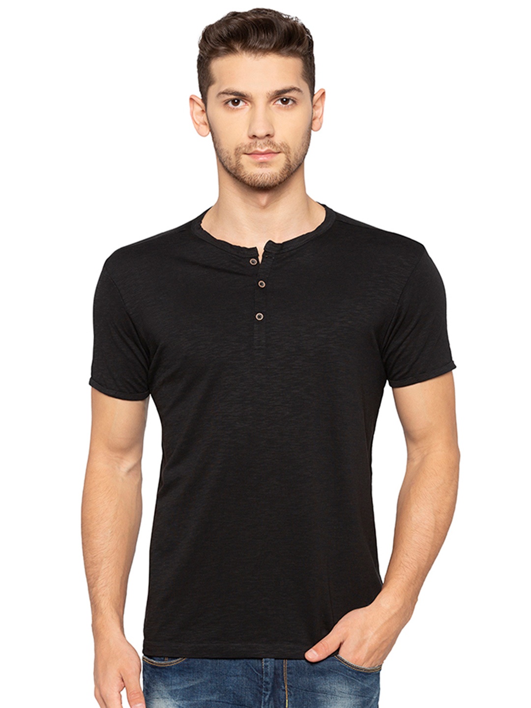 Status Quo Men Black Henley Neck T-shirt