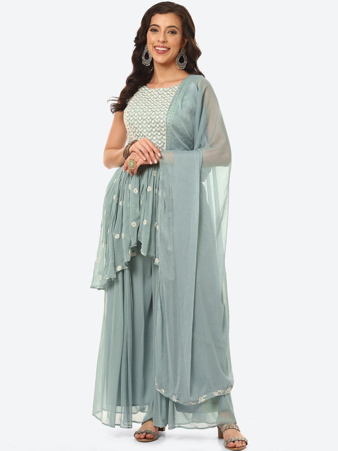 Meena Bazaar Women Blue Floral Embroidered Layered Silk Georgette Kurti Set