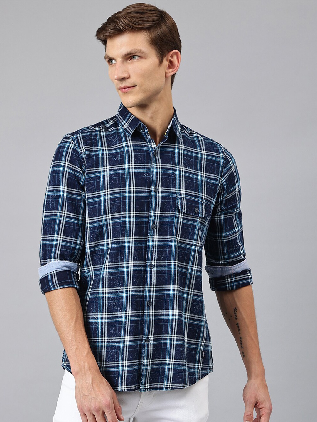 Thomas Scott Men Blue Regular Fit Tartan Checked Casual Shirt