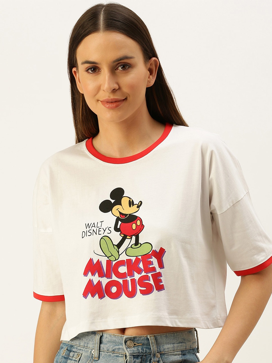 JUNEBERRY Women White & Pink Mickey Mouse Printed Pure Cotton Crop T-shirt