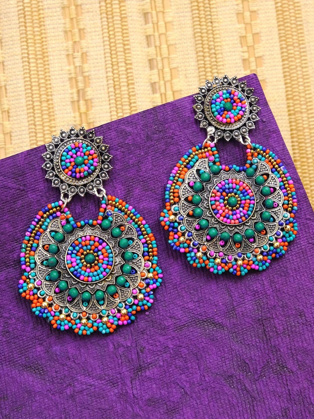 Crunchy Fashion Gold-Toned & Green Contemporary Chandbalis Earrings