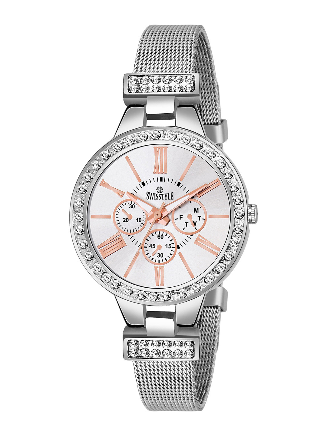 SWISSTYLE Women Silver-Toned Brass Embellished Dial & Silver Toned Bracelet Style Straps Analogue Watch, White
SWISSTYLE Women Silver-Toned Brass Embellished Dial & Silver Toned Bracelet Style Straps Analogue Watch, White