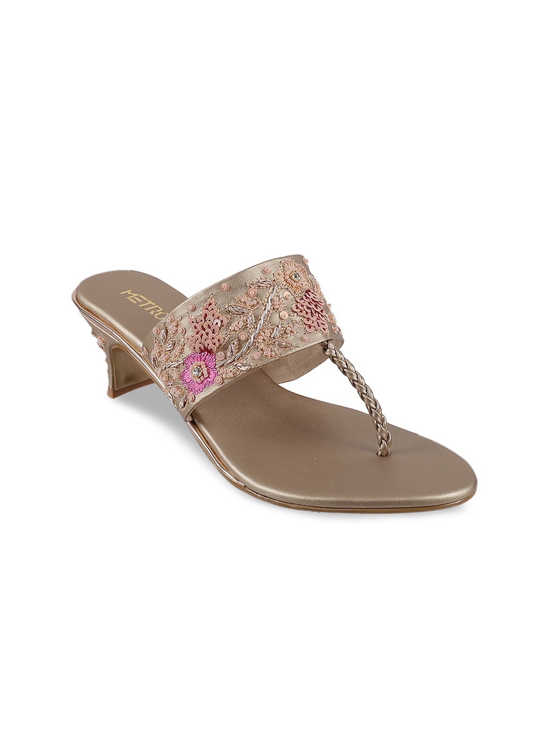 Metro Women Tan Brown Embellished Block Heels