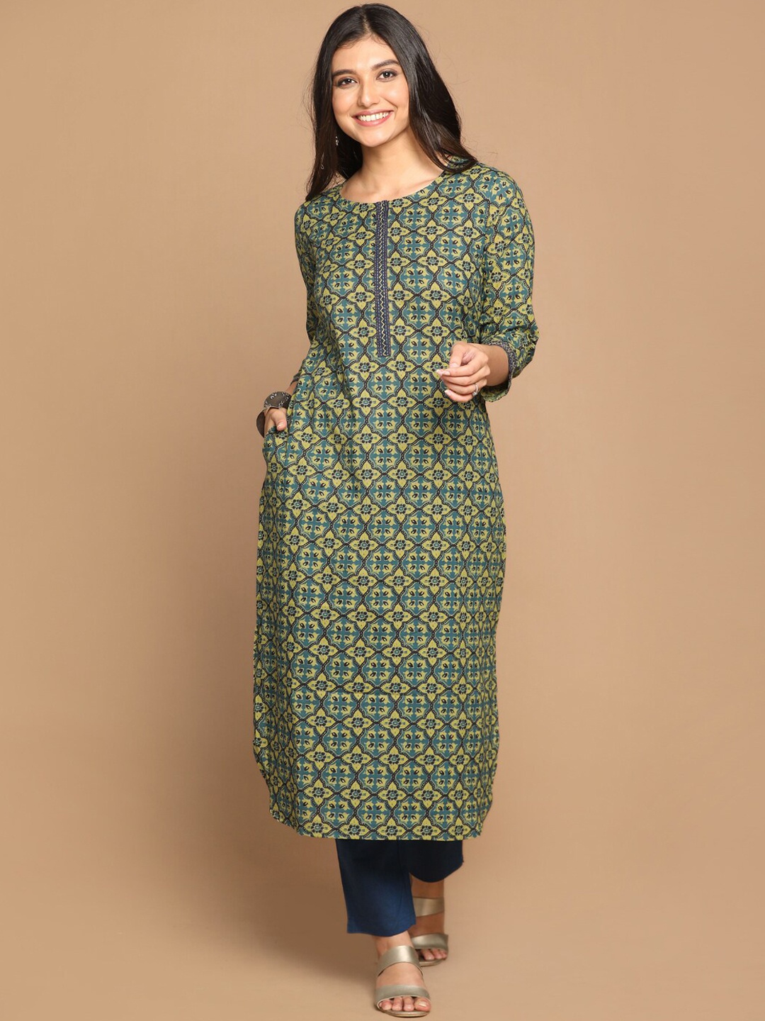 Earthwear Women Olive Green & Blue Ajrakh Printed Straight Kurta with Hand Embroidery
Earthwear Women Olive Green & Blue Ajrakh Printed Straight Kurta with Hand Embroidery