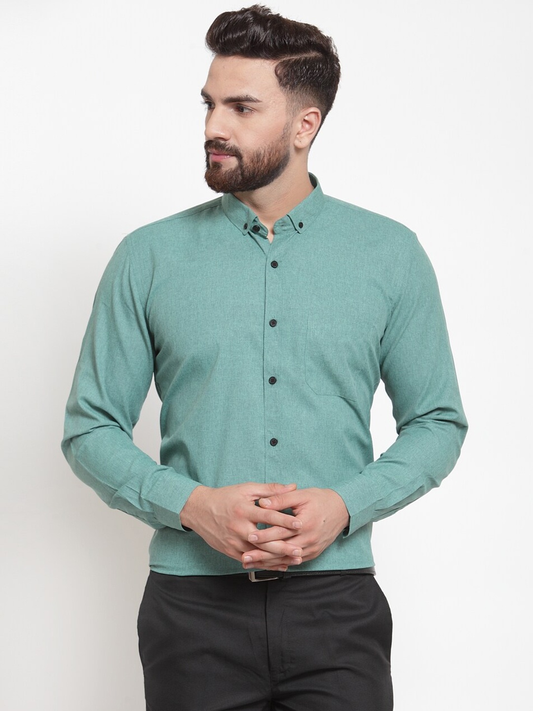 JAINISH Men Green Comfort Regular Fit Solid Formal Shirt