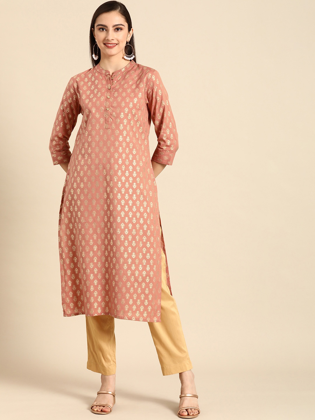 Anouk Women Dusty Pink & Golden Ethnic Motifs Foil Printed Cotton Kurta, Rose