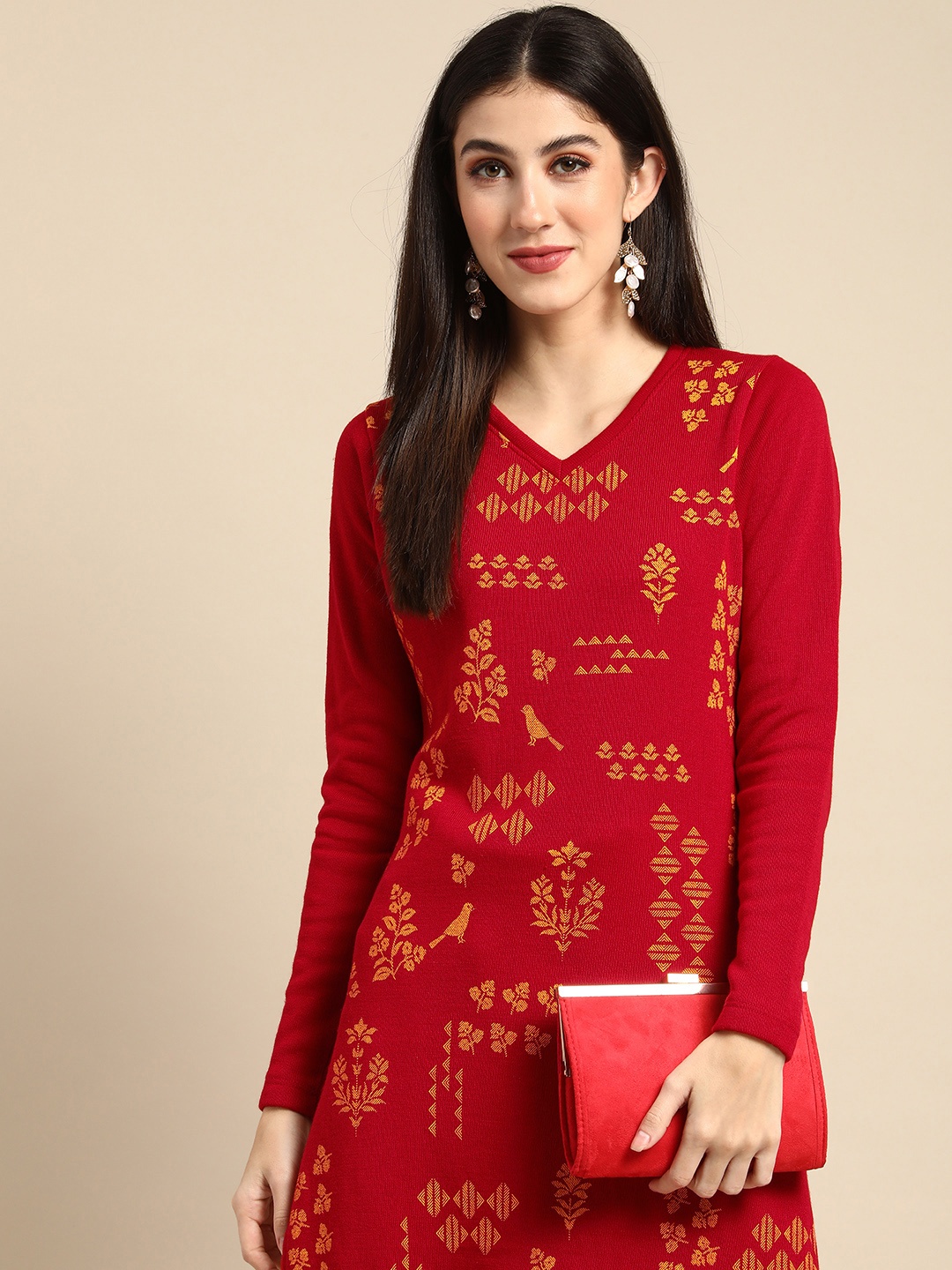 Anouk Women Red & Yellow Ethnic Motifs Print V-Neck Regular Sleeves Straight Knitted Winter Kurta
Anouk Women Red & Yellow Ethnic Motifs Print V-Neck Regular Sleeves Straight Knitted Winter Kurta