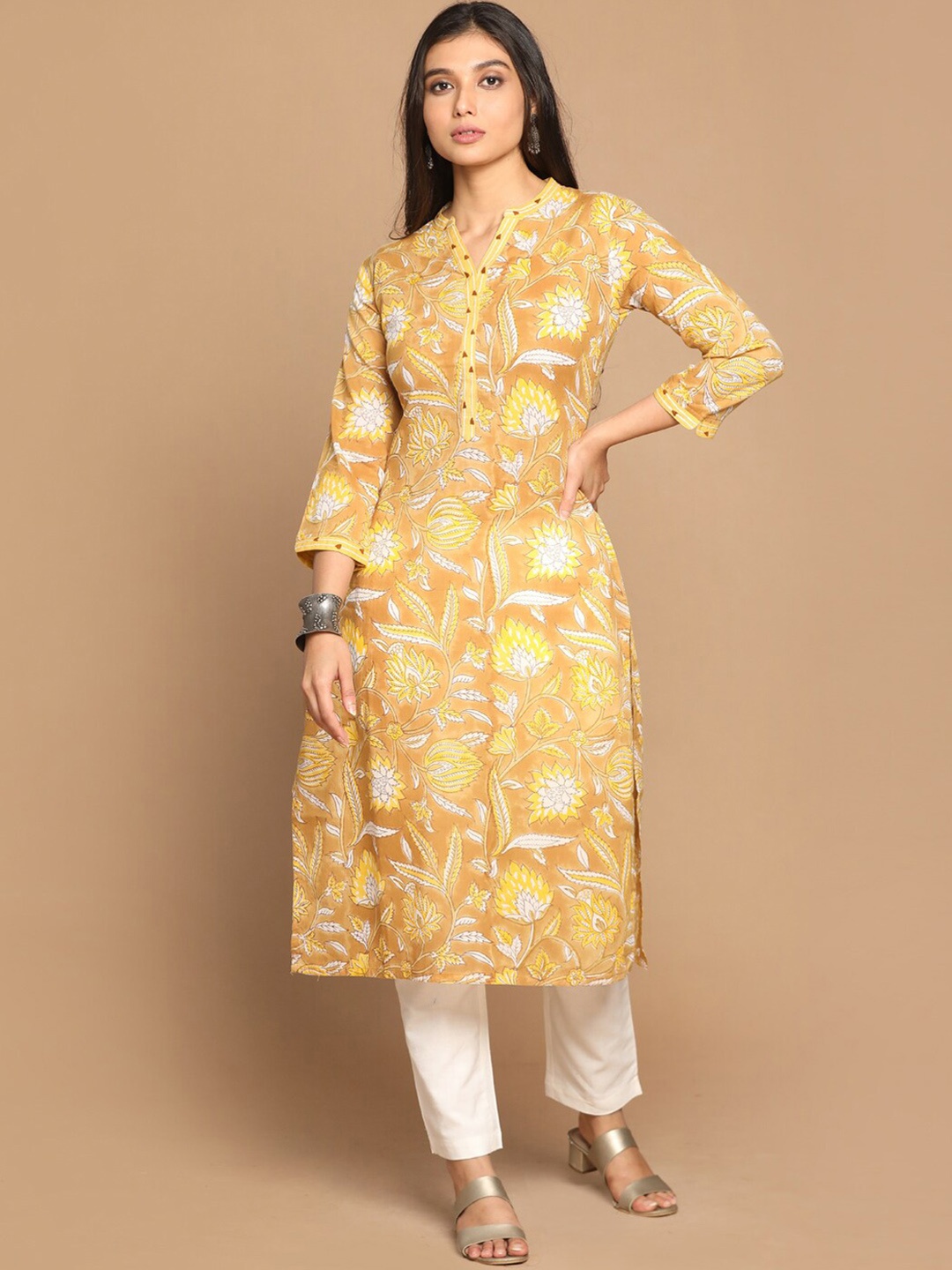Earthwear Women Mustard Yellow Floral Block Printed Straight Kurta with Hand Embroidery
Earthwear Women Mustard Yellow Floral Block Printed Straight Kurta with Hand Embroidery