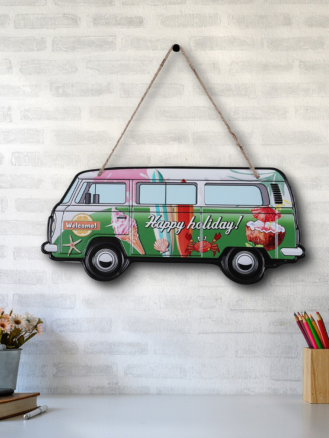 HomeTown Green & Red Printed Caravan Metal Wall Decor