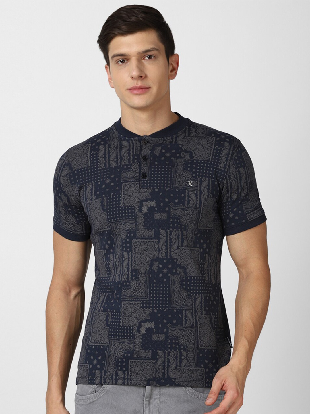 V Dot Men Navy Blue Printed Slim Fit Cotton T-shirt