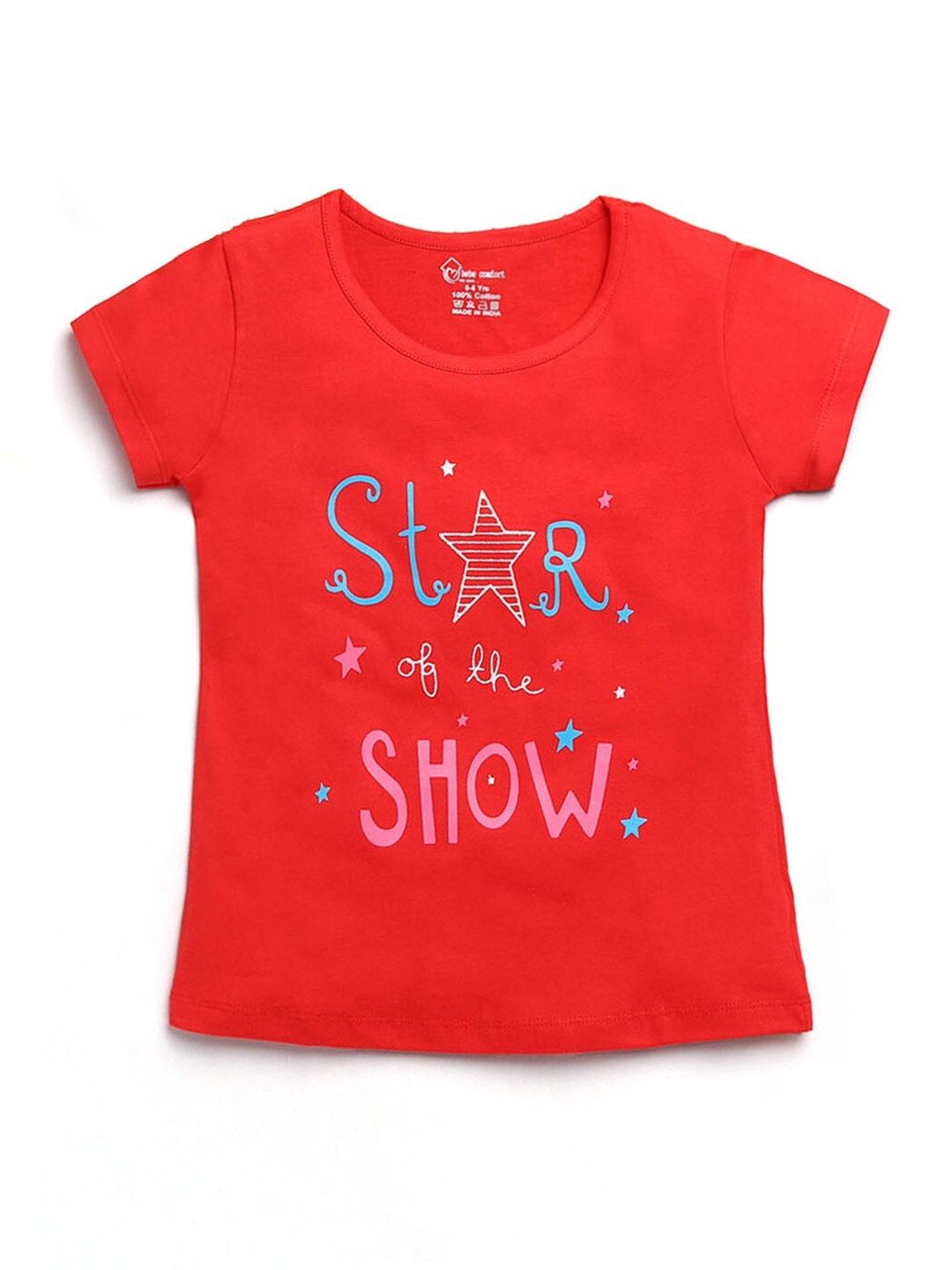 Hopscotch Kids-Girls Red Typography Printed T-shirt