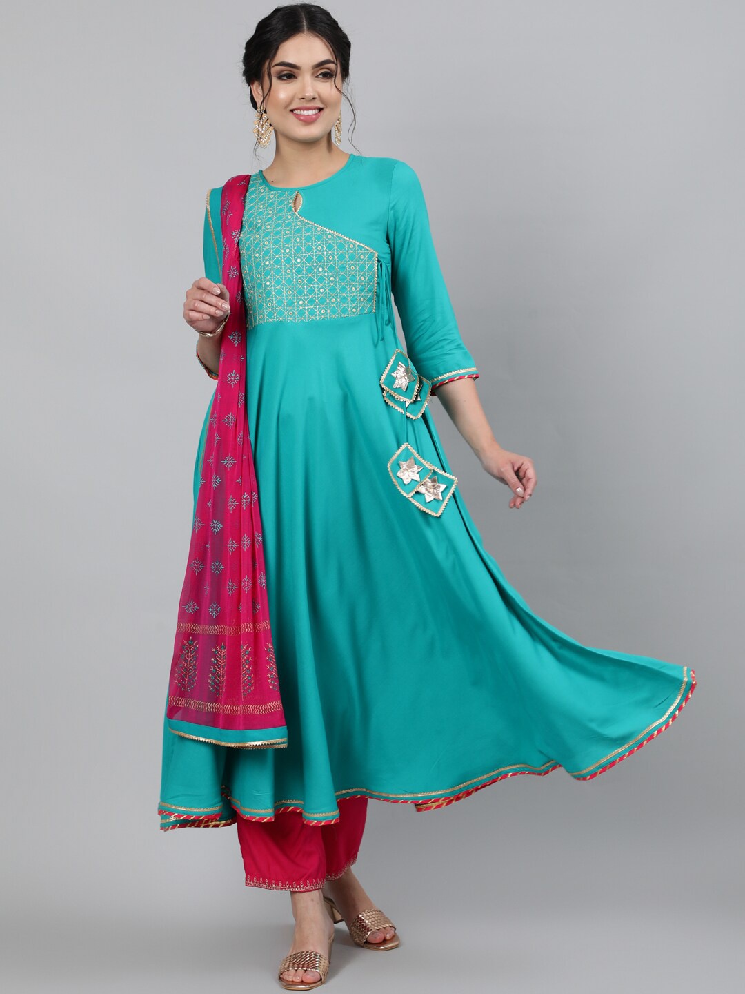 Kimayra Women Rayon Embroidered 3/4 Sleeve Flared Round Neck Calf Length Kurta Set, Sea green
Kimayra Women Rayon Embroidered 3/4 Sleeve Flared Round Neck Calf Length Kurta Set, Sea green