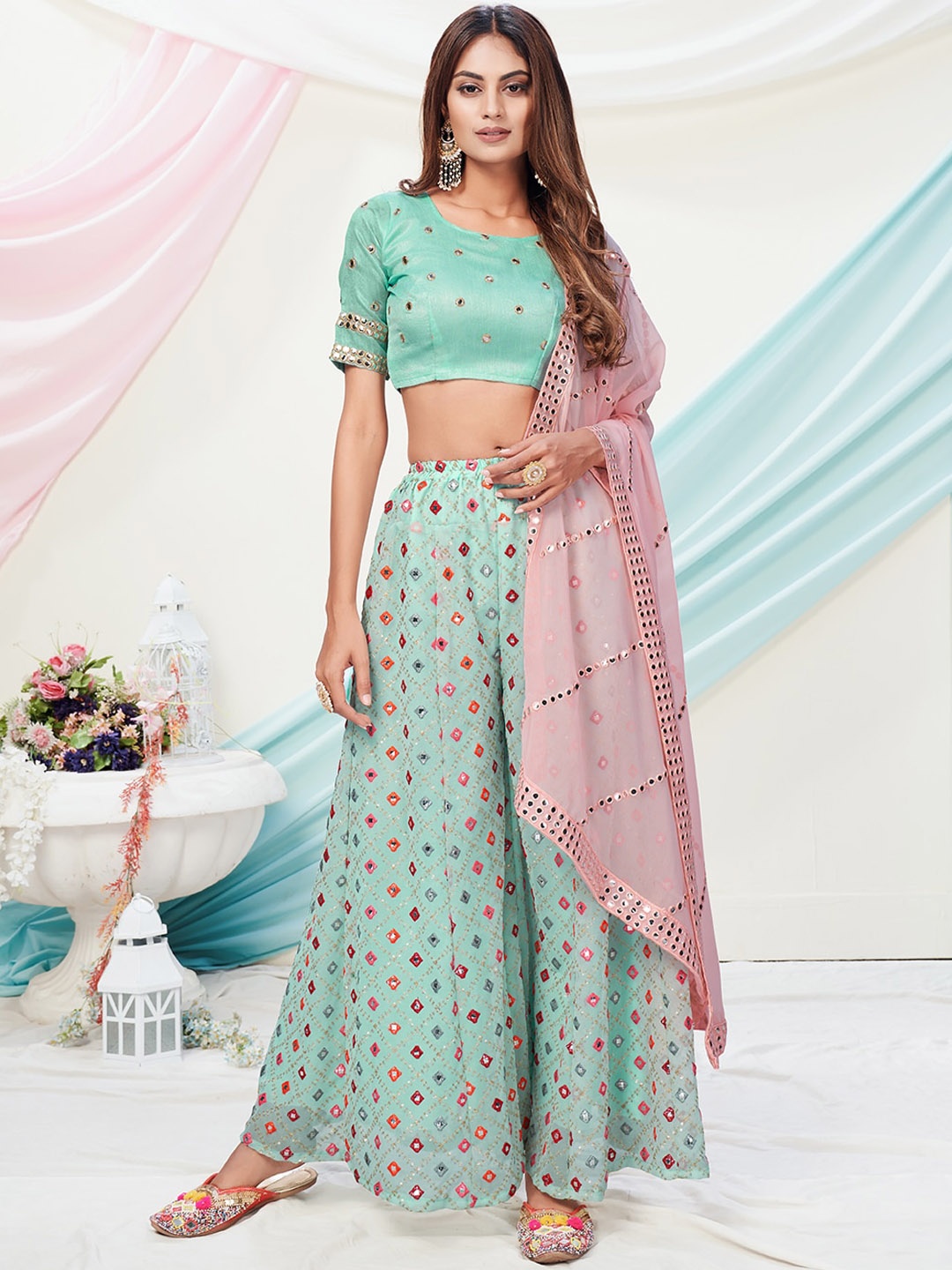 WHITE FIRE Women Sea Green & Pink Embroidered Mirror Work Top with Palazzos & With Dupatta
WHITE FIRE Women Sea Green & Pink Embroidered Mirror Work Top with Palazzos & With Dupatta