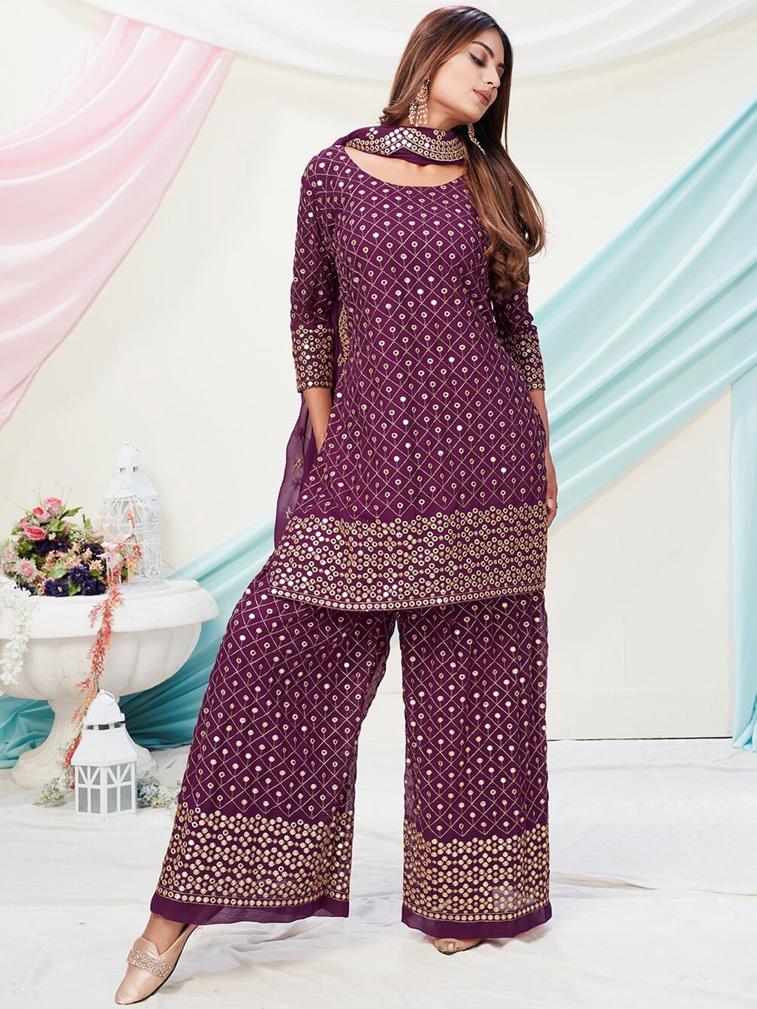 WHITE FIRE Women Purple & Gold Embroidered Sequinned Kurta with Palazzos & With Dupatta
WHITE FIRE Women Purple & Gold Embroidered Sequinned Kurta with Palazzos & With Dupatta
