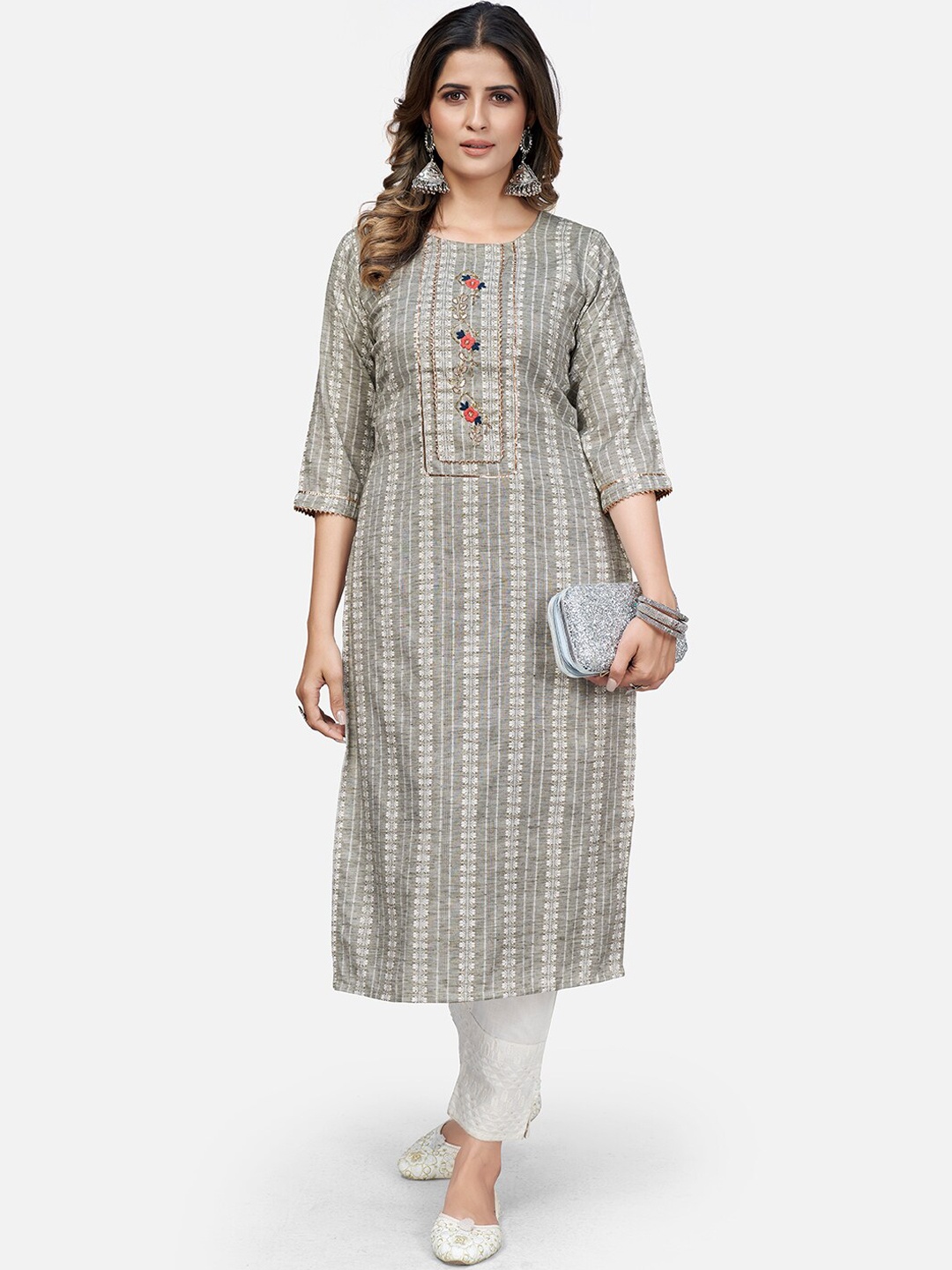 Vbuyz Women Pista Green Striped Thread Work Kurta
