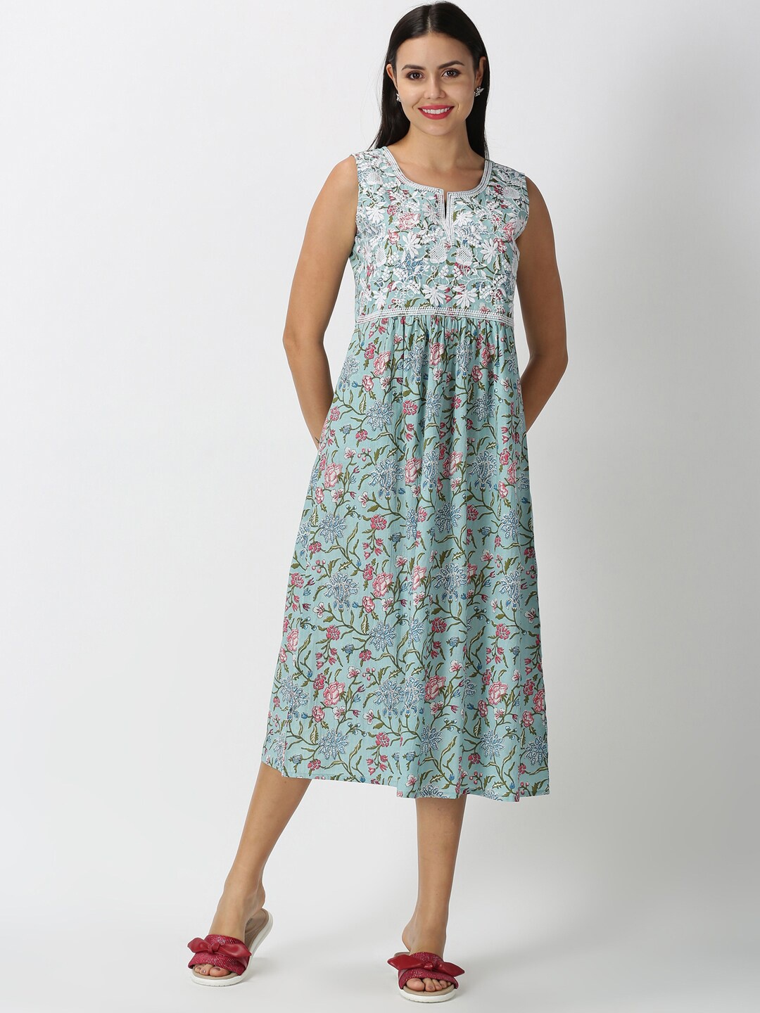 Saffron Threads women Turquoise Blue Chikankari Embroidered Yoke Floral Ethnic Midi Dress
Saffron Threads women Turquoise Blue Chikankari Embroidered Yoke Floral Ethnic Midi Dress