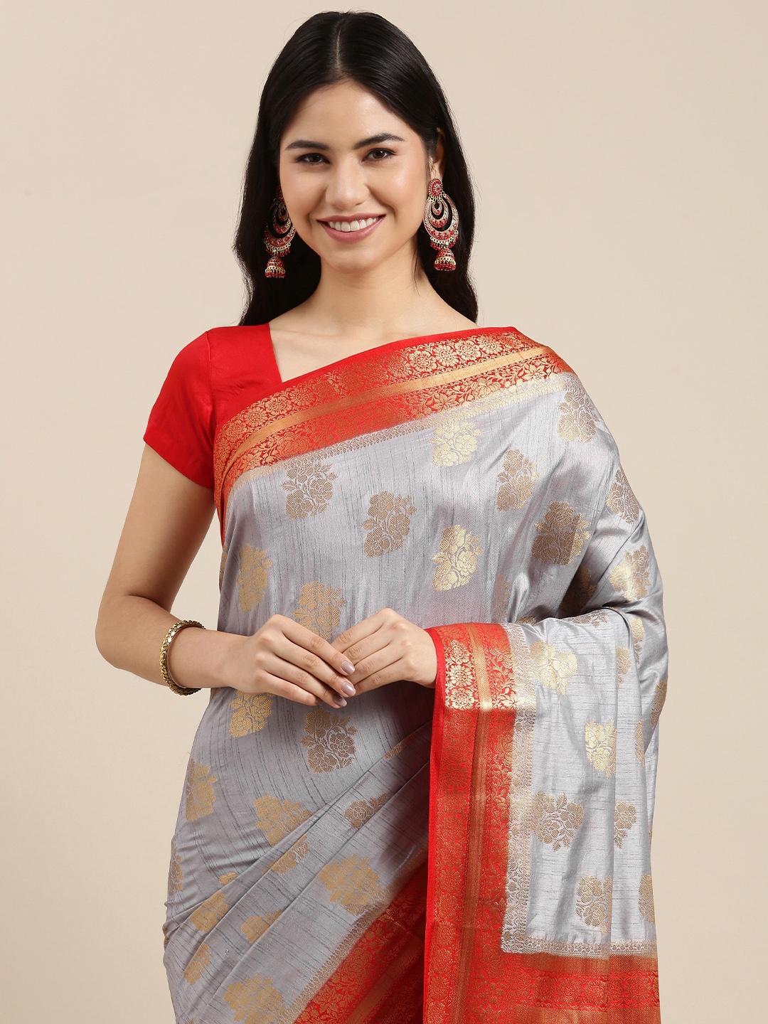 SANGAM PRINTS Grey & Red Ethnic Motifs Silk Blend Saree
