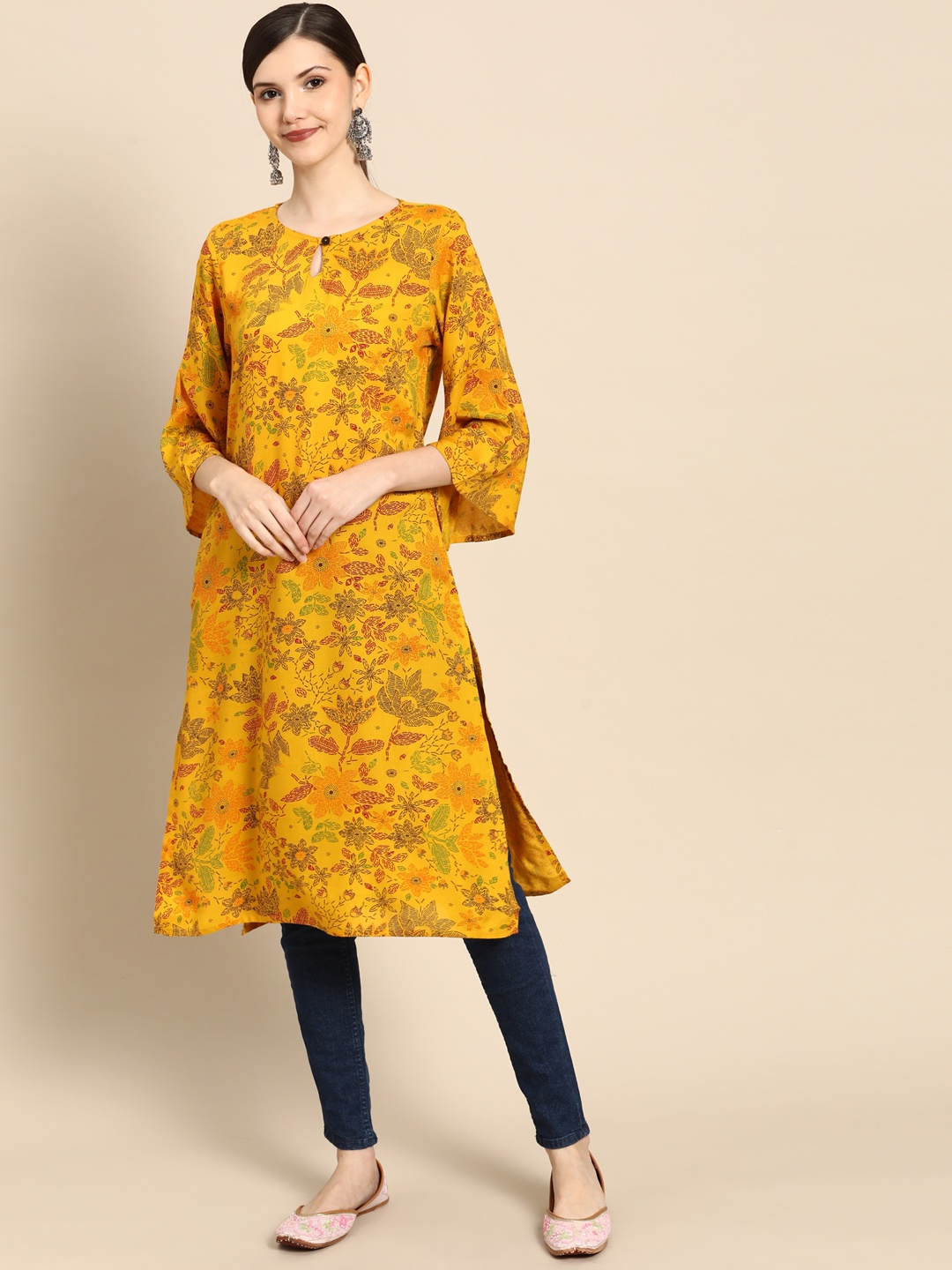 Sangria Women Mustard Yellow & Maroon Ethnic Motifs Printed Keyhole Neck Flared Sleeves Kurta
Sangria Women Mustard Yellow & Maroon Ethnic Motifs Printed Keyhole Neck Flared Sleeves Kurta