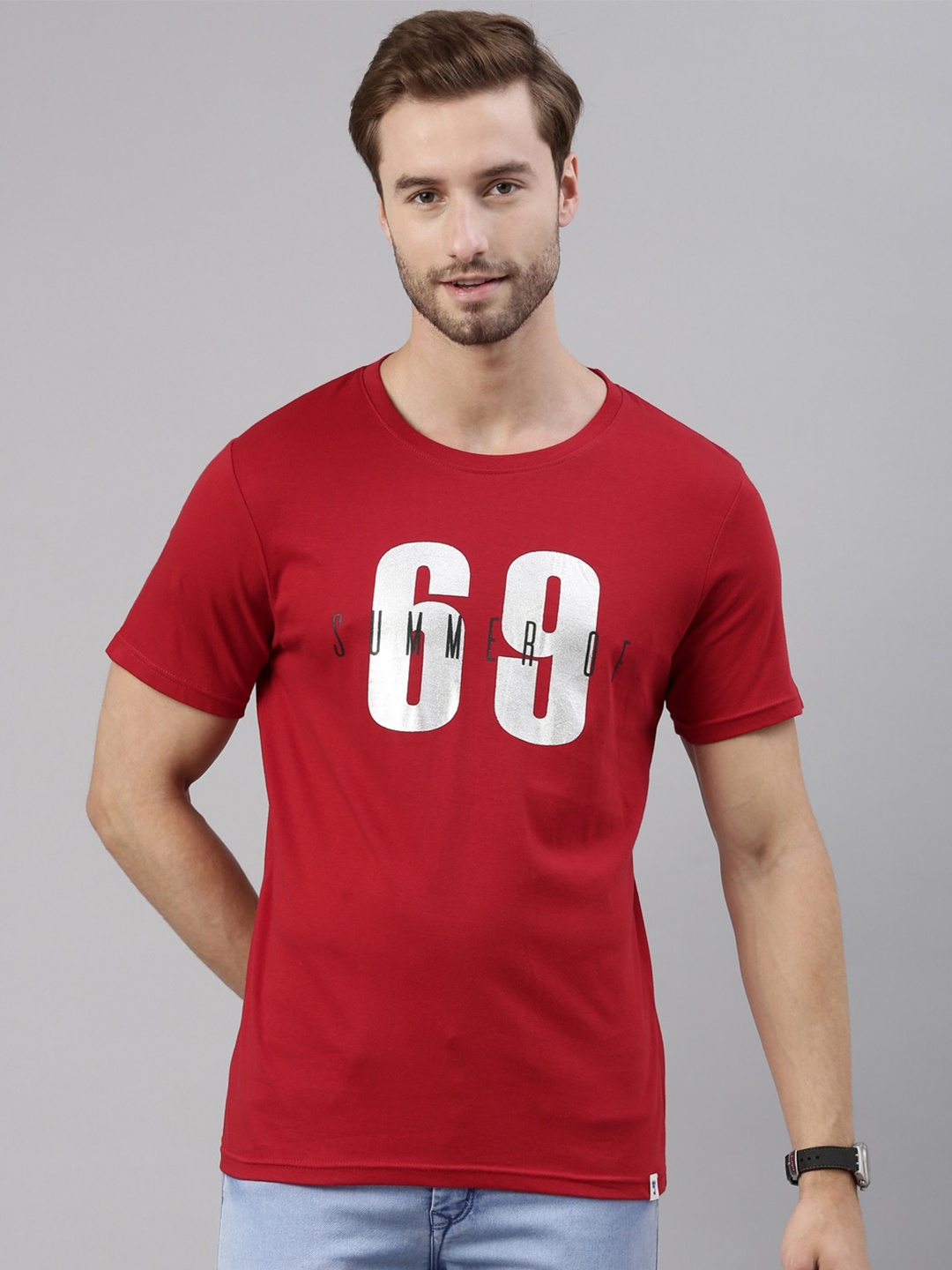 Joven Men Red Typography Printed Pure Cotton T-Shirt